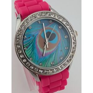 Accutime Peacock Feather Dial Watch Women 38mm Case Silicone Band- New Battery‎